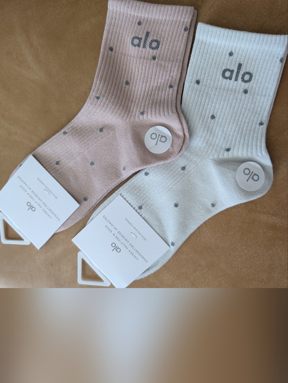 ALO Yoga Unisex Pink & White Crew Socks - Polka Dot Cotton Blend (2-Pack)